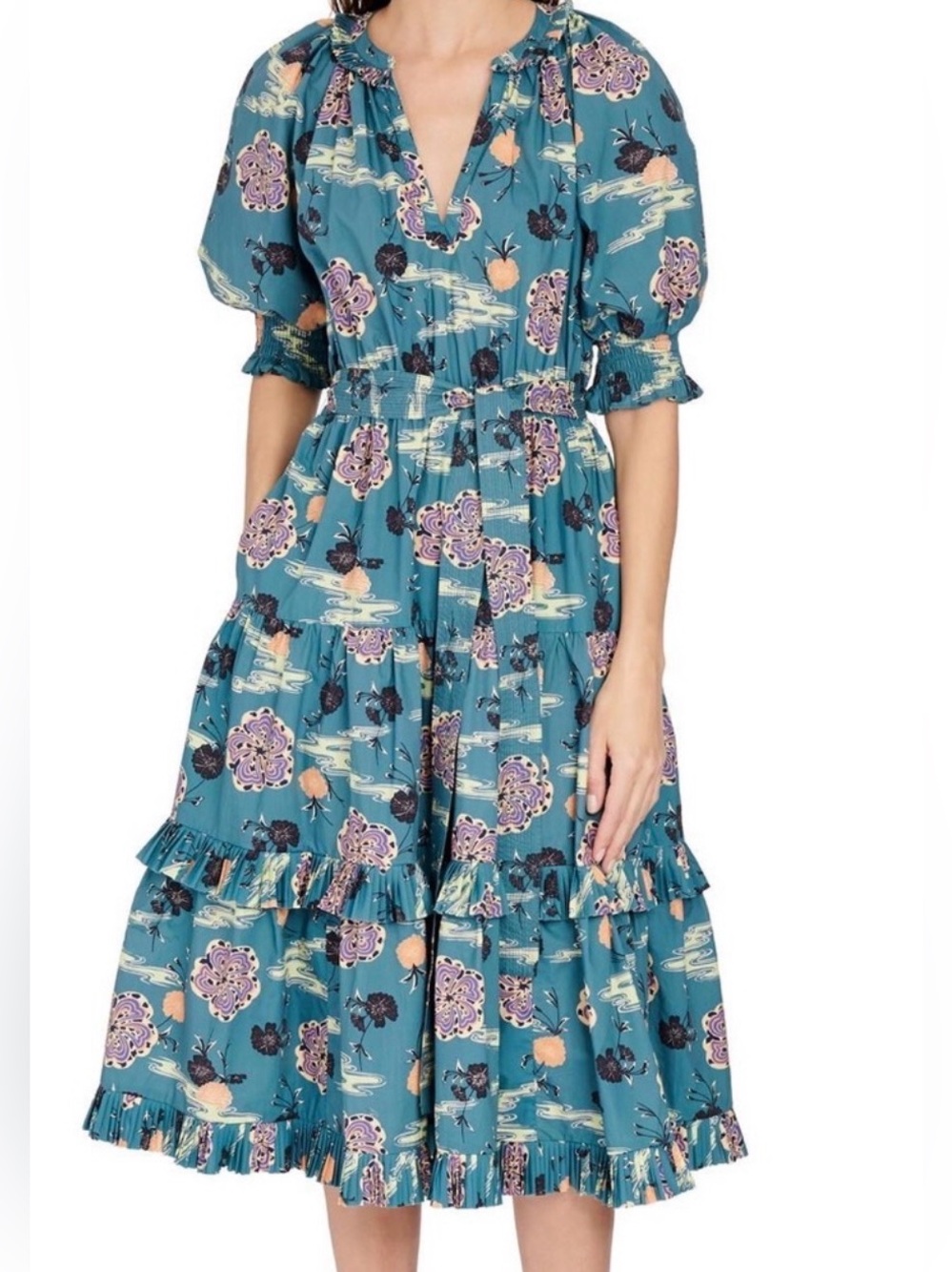 Ulla Johnson Teal Floral Midi Dress with Lavender and Peach Accents